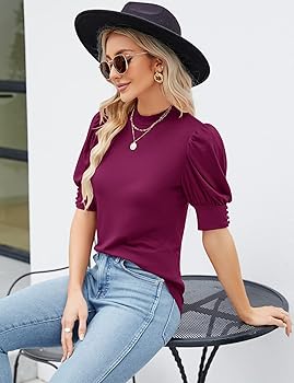 Qirno Womens Mock Neck Puff Long Sleeve Tops Casual Loose Solid